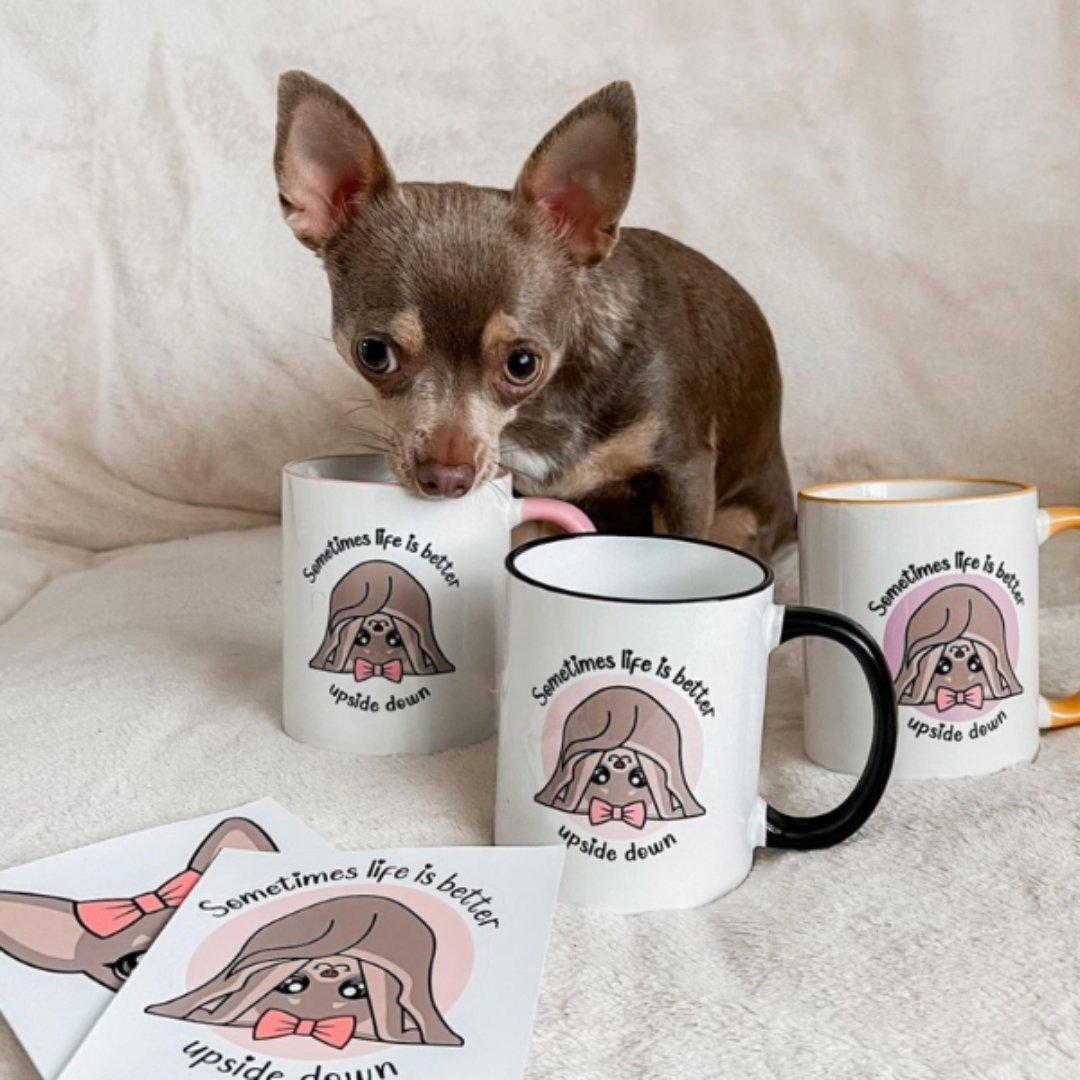 chihuahua with coffee mugs and stickers